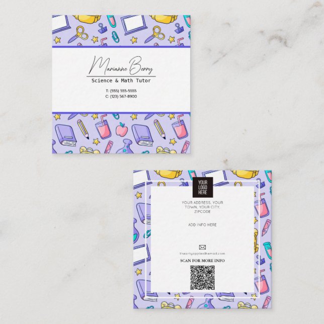 Carte De Visite Carré Enseignant Tutor HomeSchool Education (Devant / Derrière)