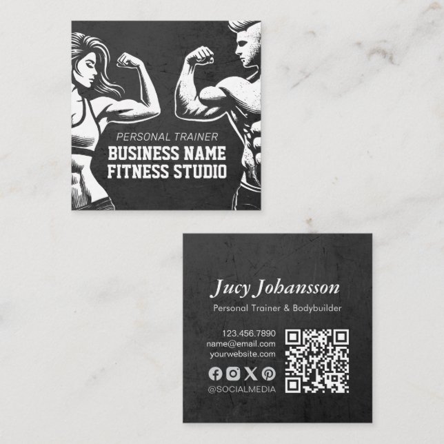 Carte De Visite Carré Entraîneur de fitness moderne Bodybuilding Instruc (Devant / Derrière)