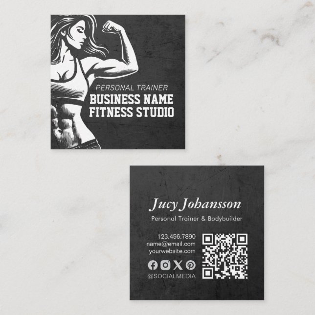 Carte De Visite Carré Entraîneur de fitness moderne Bodybuilding Instruc (Devant / Derrière)