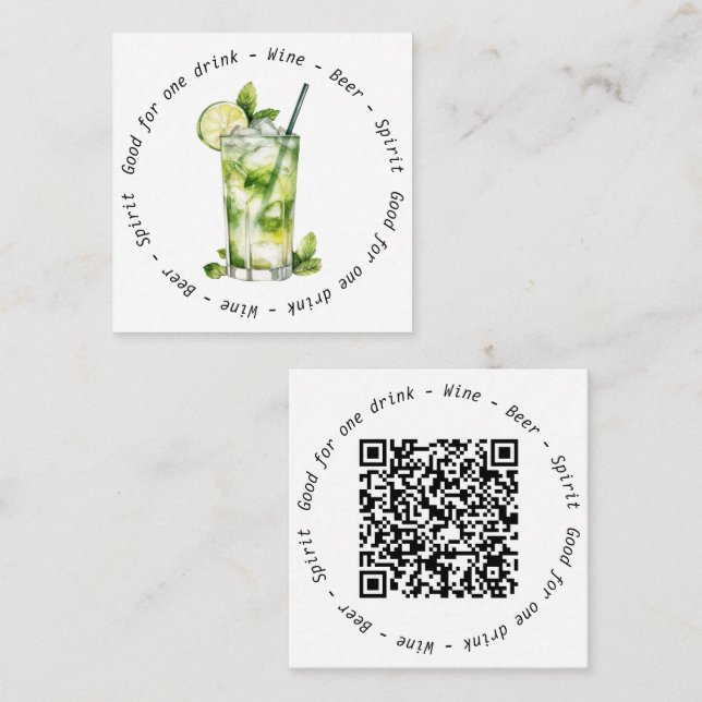 Carte De Visite Carré Entreprise Événement QR Code Mojito Drink Voucher (Devant / Derrière)