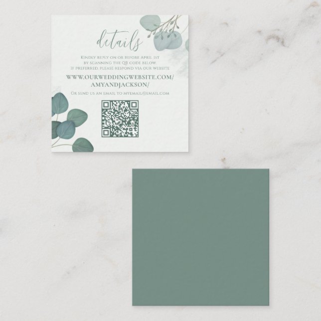 Carte De Visite Carré Eucalyptus vert moderne site Web de code QR (Devant / Derrière)