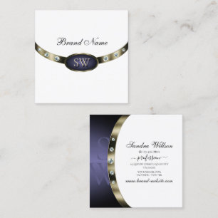 Carte De Visite Carré Extravagant Blanc Bleu Argent Chrome avec Monogram