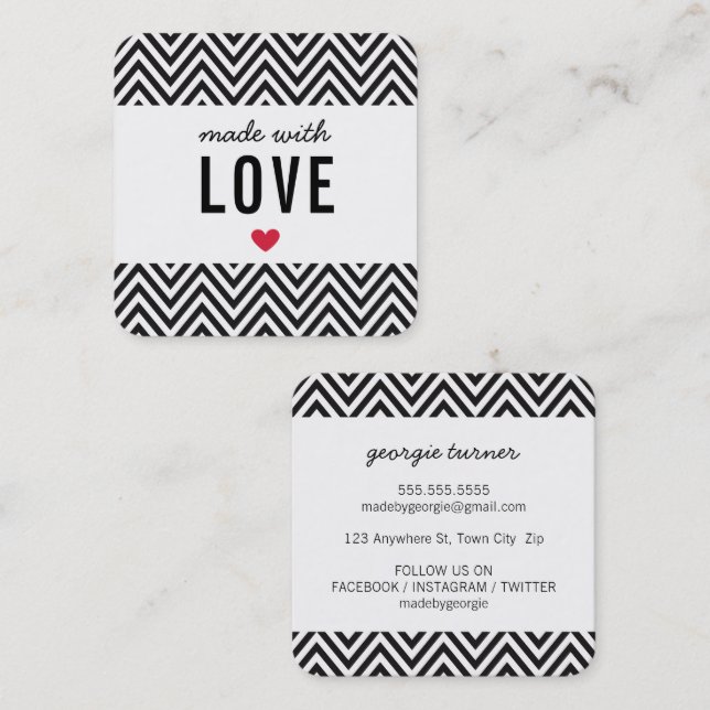Carte De Visite Carré FABRIQUÉ AVEC AMOUR mignon chevron d'emballage] no (Devant / Derrière)