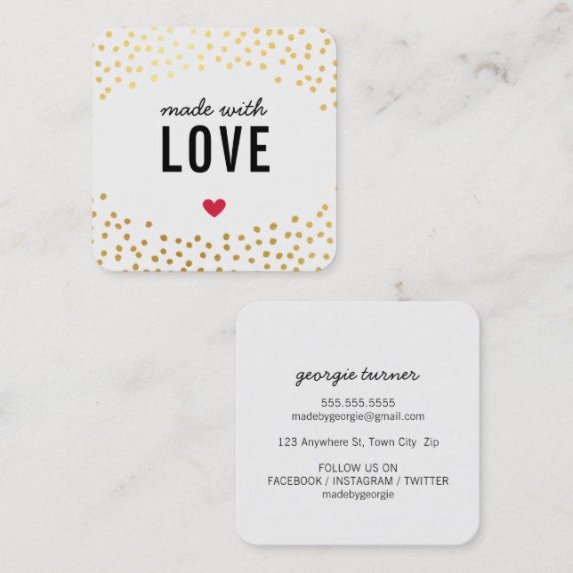 Carte De Visite Carré FABRIQUÉ AVEC AMOUR mignon confetti or noir (Devant / Derrière)