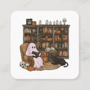 Carte De Visite Carré Fantôme lisant un livre amateur de chat Halloween 