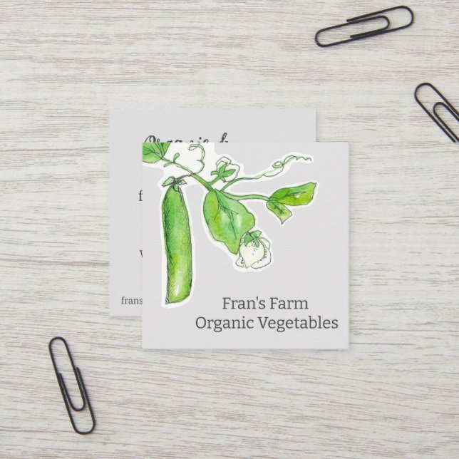 Carte De Visite Carré Farmers Marché Légumes Pois verts (Devant/Arrière en situation)