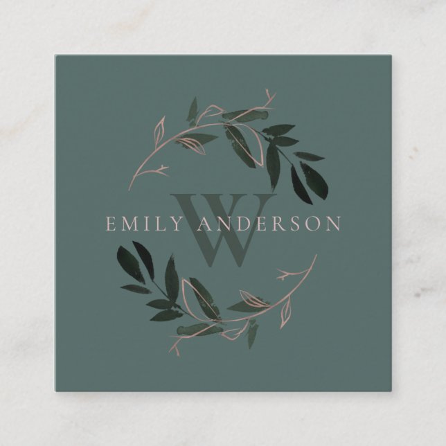 CARTE DE VISITE CARRÉ FAUNE ROSE VERTE SOMBRE INITIALE PROFESSIONNELLE D (Devant)