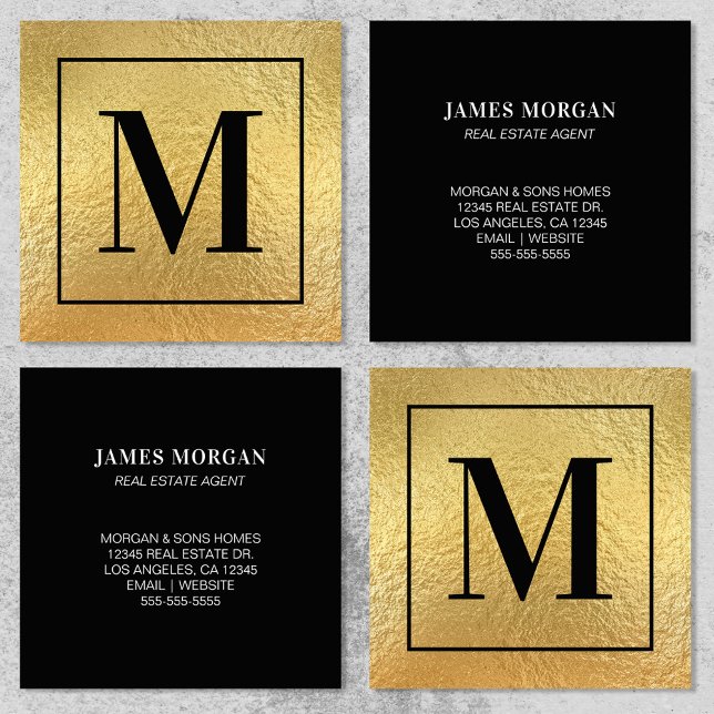 Carte De Visite Carré Faux Gold Foil Black Border Monogramme (Faux Gold Foil Black Border Monogram Square Business Card)