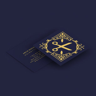 Carte De Visite Carré Faux Gold Foil Ciseaux Coiffeur bleu marine