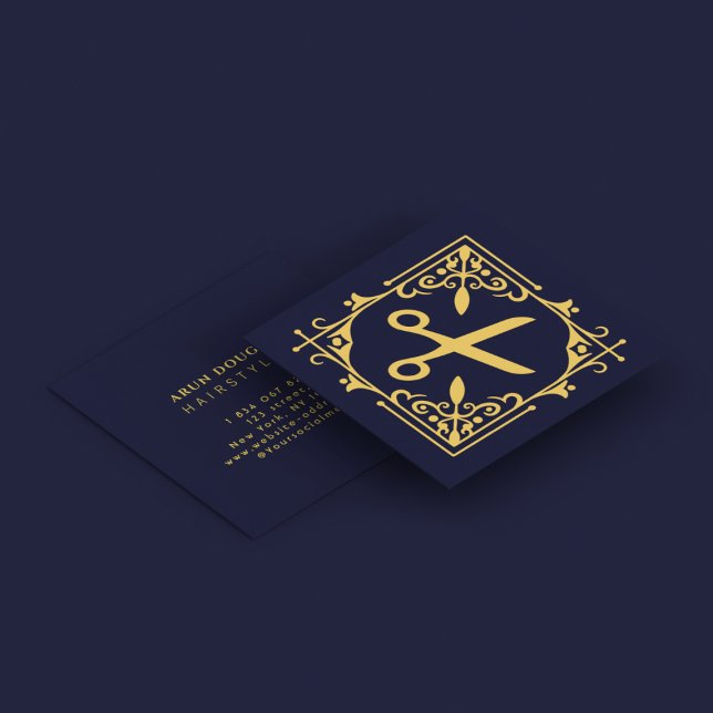Carte De Visite Carré Faux Gold Foil Ciseaux Coiffeur bleu marine (Créateur téléchargé)