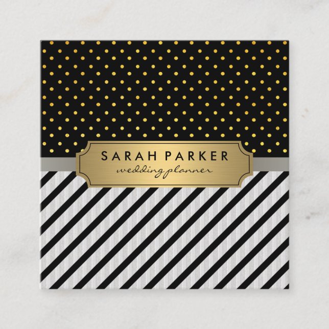 Carte De Visite Carré Faux Linen Black Stripes Pois (Devant)