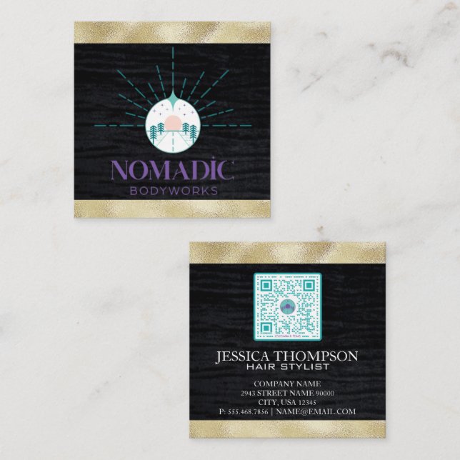 Carte De Visite Carré Faux Velvet | Faux Gold Foil Trim | Code Qr (Devant / Derrière)