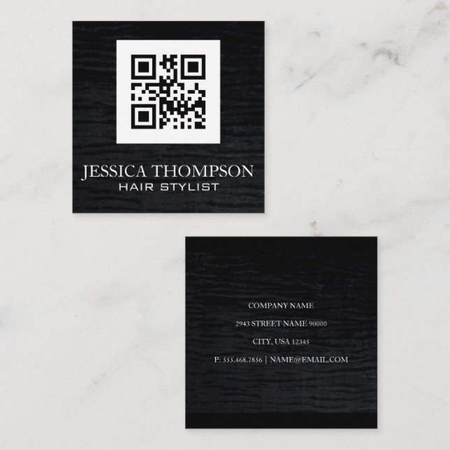 Carte De Visite Carré Faux Velvet noir | Modèle de code Qr (Devant / Derrière)