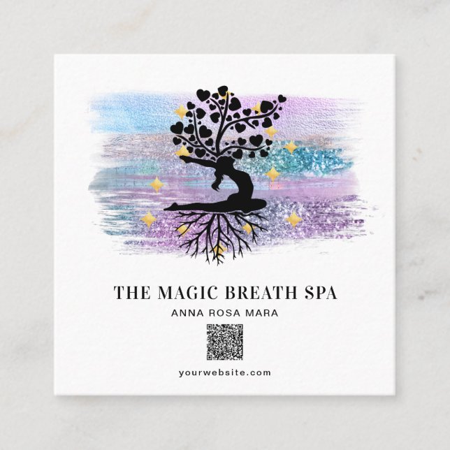 Carte De Visite Carré ** Femme Arbre de vie Méditation de Yoga Reiki  (Devant)