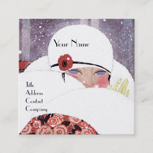 CARTE DE VISITE CARRÉ FEMME DANS LA NEIGE, HIVER BEAUTY MODE MONOGRAM (Devant)