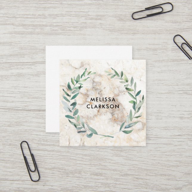 Carte De Visite Carré Feuilles aquarelle sur marbre motif professionnel (Devant/Arrière en situation)
