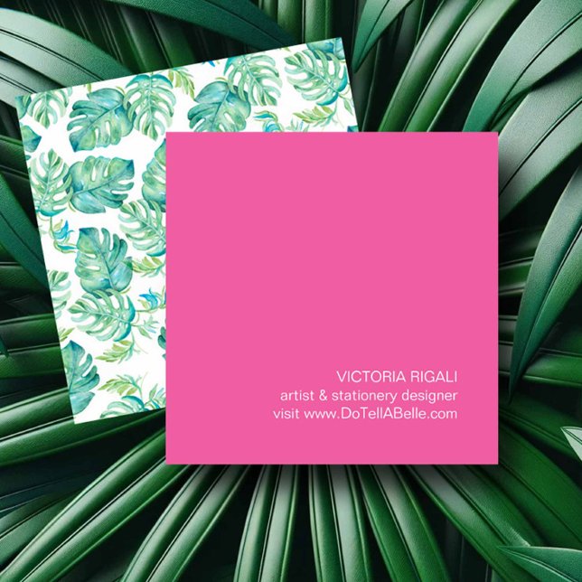 Carte De Visite Carré Feuilles de palme de Monstera Tropical (Girly business cards watercolor tropical monstera palm leaves by Victoria Grigaliunas)