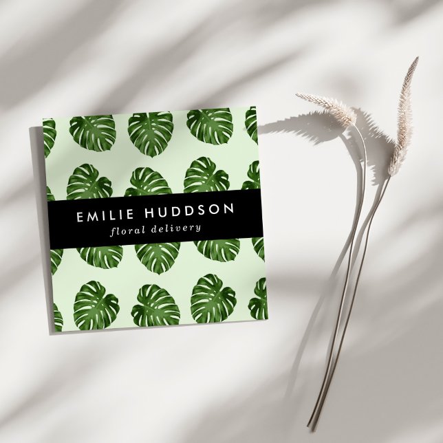 Carte De Visite Carré Feuilles de palmiers, Feuilles verts, fleuriste, b (Créateur téléchargé)