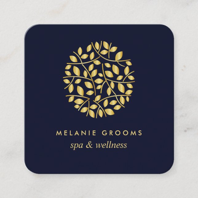 Carte De Visite Carré Feuilles d'or| Bleu | wellness massage spa yoga (Devant)