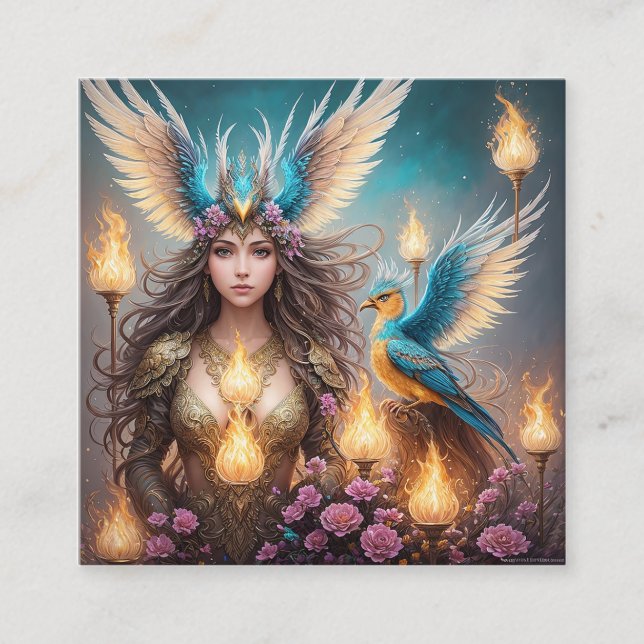 Carte De Visite Carré Fille, majestueuse peinture à l'huile de fenix, 3d (Devant)