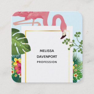 Carte De Visite Carré Flamant rose rose élégant et Feuilles tropicaux