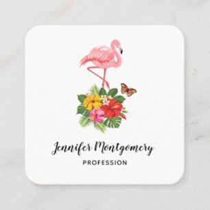 Carte De Visite Carré Flamant rose rose & Hibiscus Tropical Fancy
