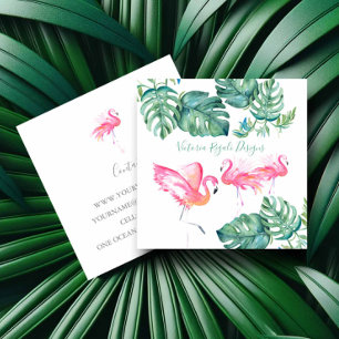 Carte De Visite Carré Flamant rose rose tropical Feuilles Palm