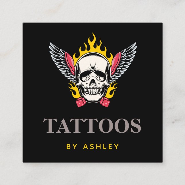 Carte De Visite Carré Flamme Dice de crâne Ailes Cool gothique Tatouage  (Devant)