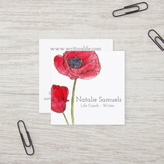 Carte De Visite Carré Fleur d'aquarelle rouge (Devant/Arrière en situation)