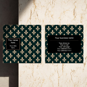 Carte De Visite Carré Fleur de Lis Motif, Français, Royal, Crème, Vert