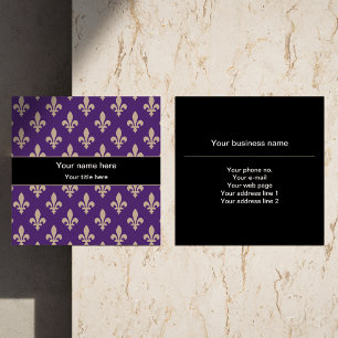 Carte De Visite Carré Fleur de Lis Motif, Français, Royal, Crème, Violet