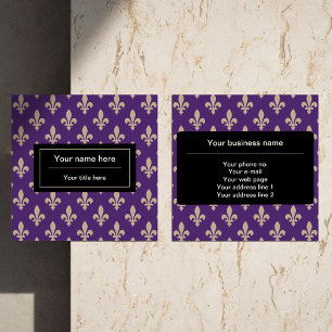Carte De Visite Carré Fleur de Lis Motif, Français, Royal, Crème, Violet