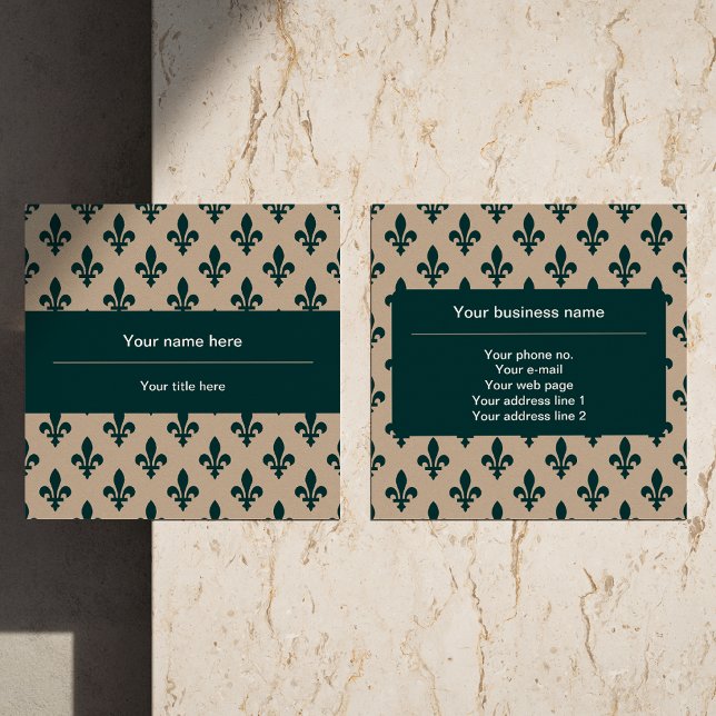 Carte De Visite Carré Fleur de Lis Motif, Français, Royal, Vert (Créateur téléchargé)