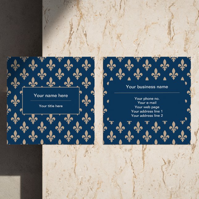 Carte De Visite Carré Fleur de Lis Motif, française, royale, crème, bleu (Créateur téléchargé)
