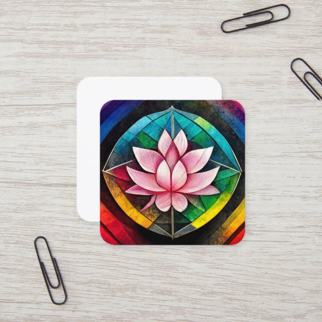 Carte De Visite Carré Fleur de lotus arc-en-ciel (Devant/Arrière en situation)
