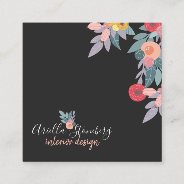 Carte De Visite Carré Fleur peinte en Whimsical | Floral sur noir (Devant)