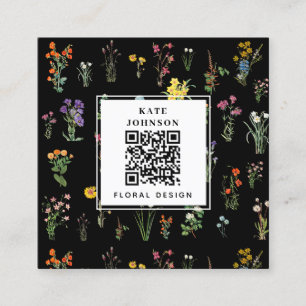 Carte De Visite Carré Fleur sauvage Aquarelle Noir Floral Designer Boho