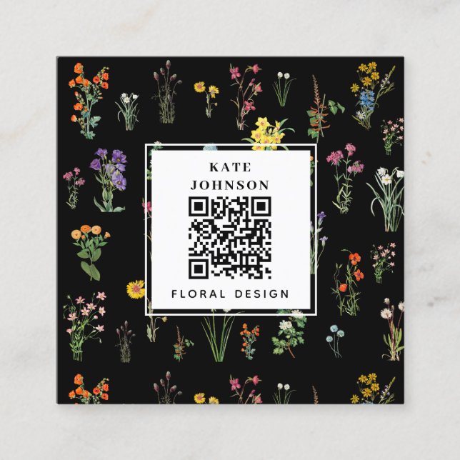 Carte De Visite Carré Fleur sauvage Aquarelle Noir Floral Designer Boho (Devant)
