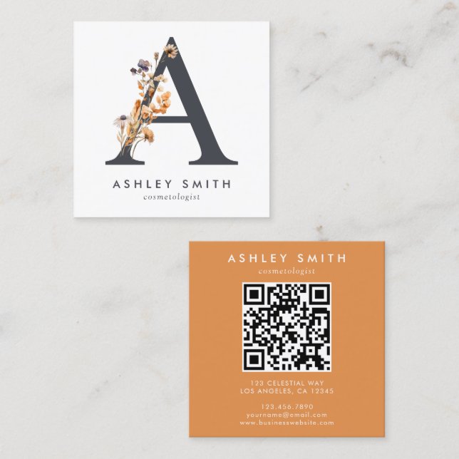 Carte De Visite Carré Fleur sauvage Boho Initiale A QR Code (Devant / Derrière)