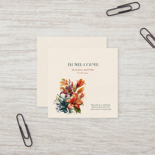 Carte De Visite Carré Fleuriste Lilies   (Devant/Arrière en situation)