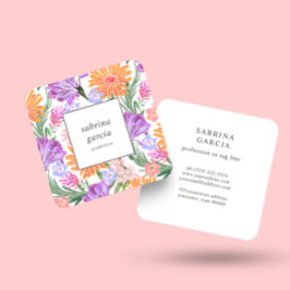 Carte De Visite Carré Fleurs brillantes | Violet bleu orange rose
