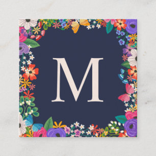 Carte De Visite Carré Fleurs colorées et monogramme encadré par papill