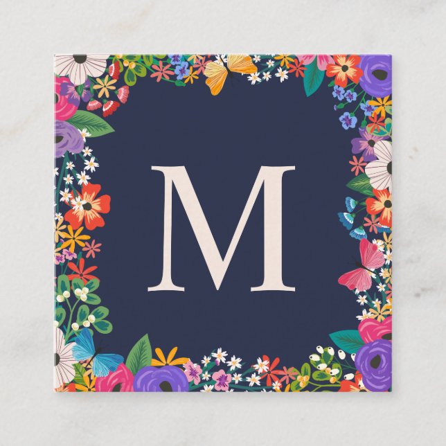Carte De Visite Carré Fleurs colorées et monogramme encadré par papillon (Devant)