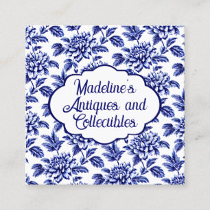 Carte De Visite Carré Fleurs Dahlia Bleues et Blanches Toile de Jouy