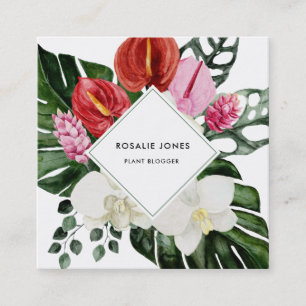 Carte De Visite Carré Fleurs d'aquarelle Feuilles de Monstère tropicale 