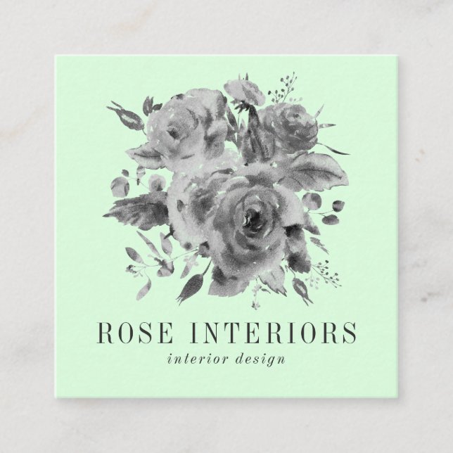 Carte De Visite Carré Fleurs d'aquarelle gris moderne vert menthe rose (Devant)