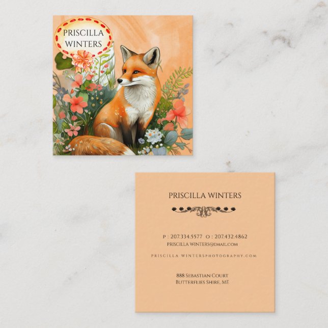 Carte De Visite Carré Fleurs d'aquarelle Renard Rouge (Devant / Derrière)