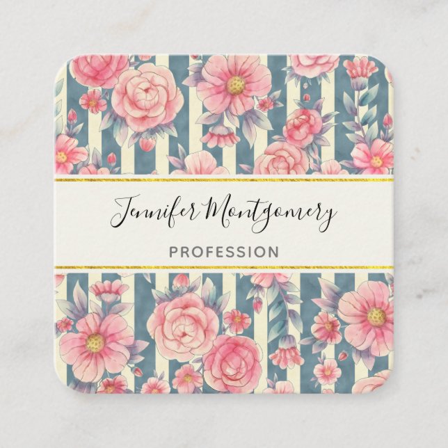 Carte De Visite Carré Fleurs d'aquarelle rose sur bandes Carré (Devant)