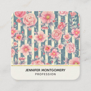 Carte De Visite Carré Fleurs d'aquarelle rose sur bandes Carré
