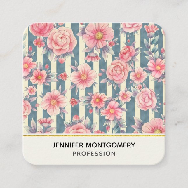 Carte De Visite Carré Fleurs d'aquarelle rose sur bandes Carré (Devant)